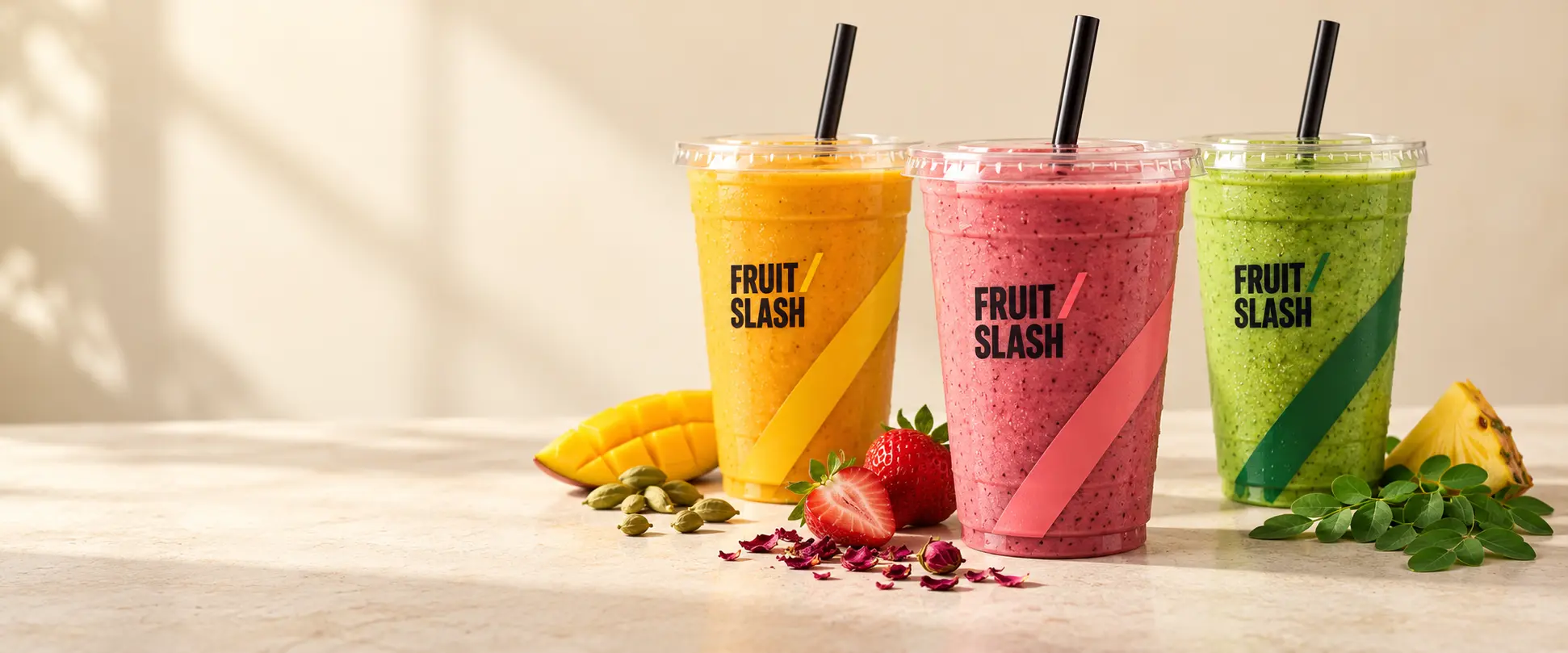 Mango, rose berry and moringa smoothies in Fruit Slash cups