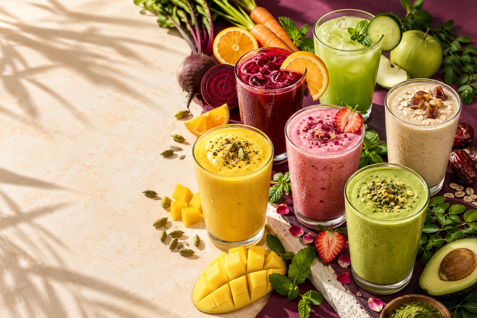 Six colourful fresh juices and smoothies surrounded by mango, berries, dates, avocado, citrus and greens